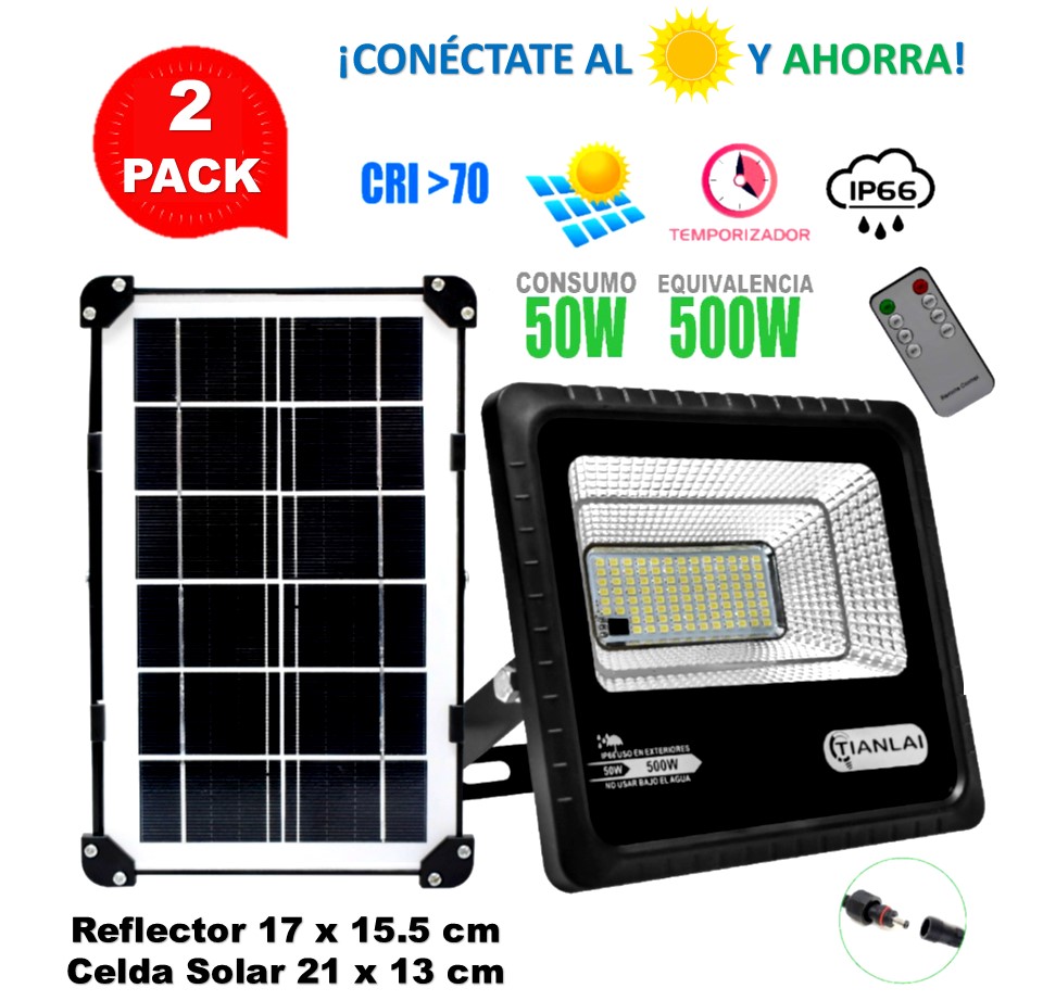 PROMO 2 REFLECTORES 100% SOLARES CONTROL REMOTO 50W (Ilumina 500w)