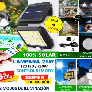 KIT 4 LÁMPARAS 25W -CONTROL REMOTO – PANEL SEPARADO 100% SOLAR