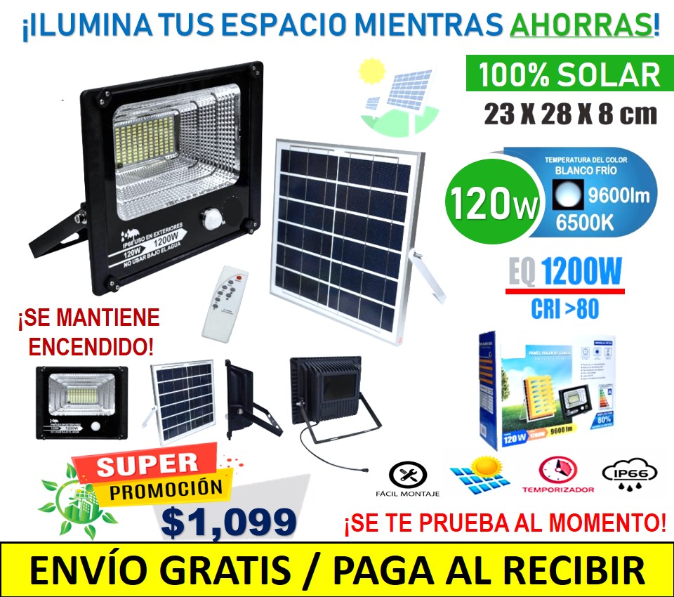 REFLECTOR 100% SOLAR CONTROL REMOTO 120W (Ilumina 1200w)